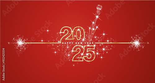 Happy New Year 2025 eve line design loading sparkle firework open champagne golden white red vector wallpaper greeting card