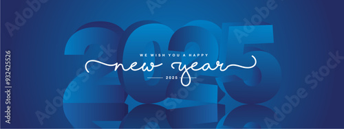 We wish you Happy New Year 2025, modern design, white new updated handwritten lettering with blue 2025 year mirrored shadow in background and sparkler firework