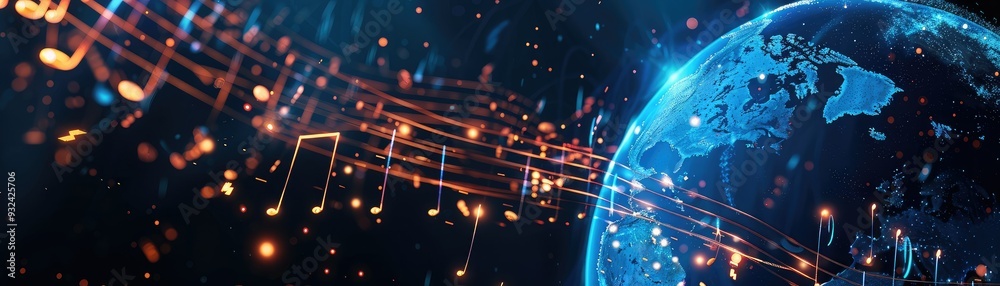 A vibrant representation of music connecting to the world, showcasing notes and rhythms in a digital universe. A vibrant representation of music connecting to the world, showcasing notes and rhythms in a digital universe.