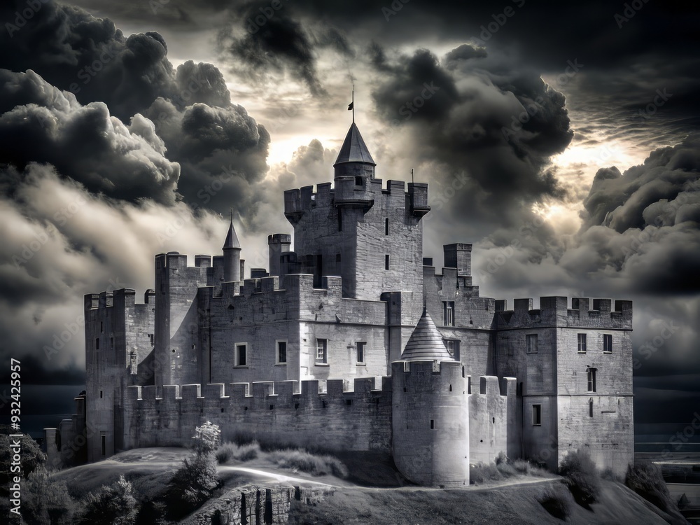 Fototapeta premium Dark clouds swirl above the Medieval fortress, towers and battlements reaching for the turbulent sky like skeletal fingers grasping for the heavens.