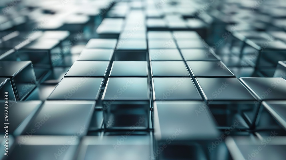 Obraz premium Abstract close-up view of reflective glass cubes arranged in a grid, creating a mesmerizing pattern of light and shadow.