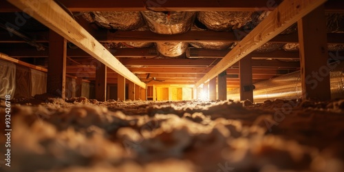 Crawl Space beneath Home with Air Conditioner Ductwork and Insulation