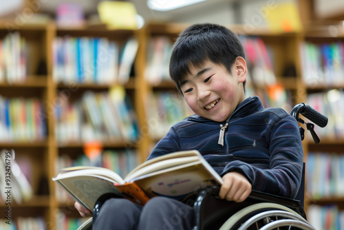 図書館で本を読む車椅子のアジア人の子供