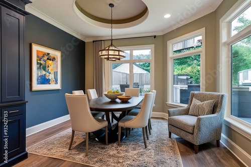 Spacious Family Living Room with Dining Area and Stylish Armchair in Contemporary Design