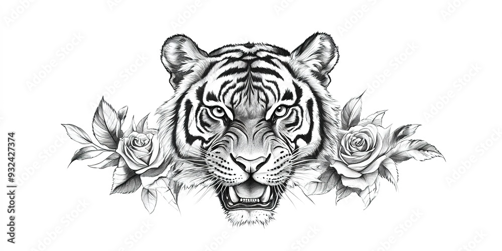 Aggressive tiger head, front view, with a rose below the head, tattoo design, black and white draw, white background - Aggressive tiger head, front view, with a rose below the head, tattoo design, black and white draw, white background -