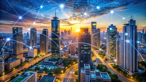 Wallpaper Mural Modern cityscape with smart devices and connectivity lines illustrating the intersection of Internet of Things technology and innovative software solutions. Torontodigital.ca