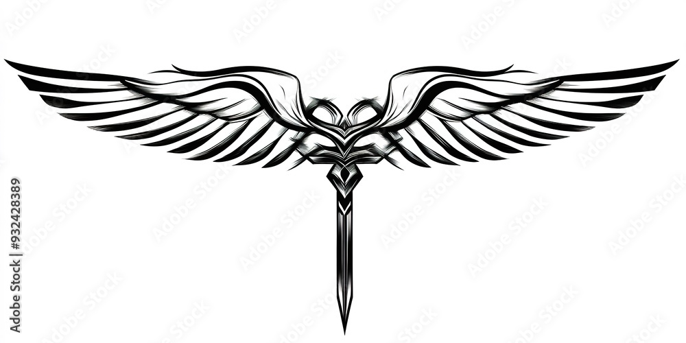 Fototapeta premium modern tribal tattoo cross wing, abstract line art, minimalist contour. Vector 