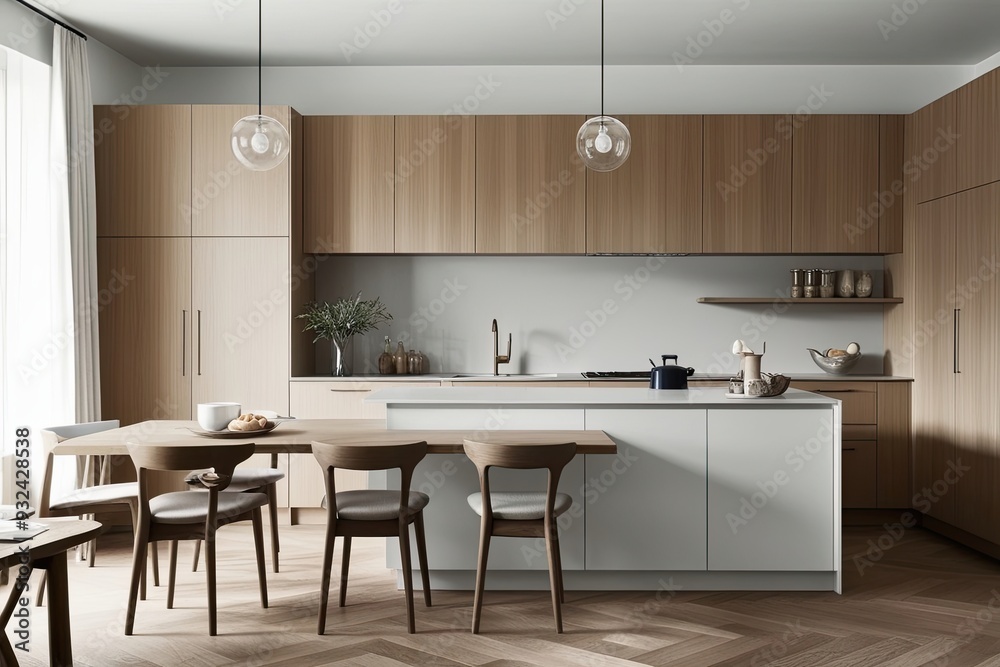 Scandinavian Minimalist Kitchen Featuring Stylish Breakfast Counter and Classic Cabinetry Scandinavian Minimalist Kitchen Featuring Stylish Breakfast Counter and Classic Cabinetry