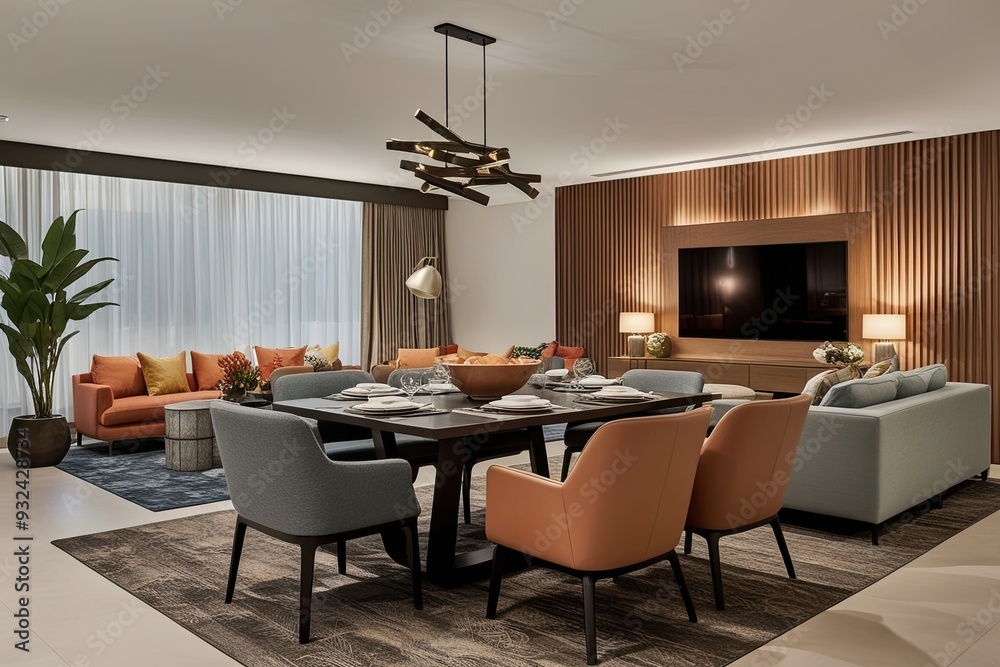 Fototapeta premium Modern Lounge Area Featuring Dining Set and Stylish Lounge Chair in Contemporary Design