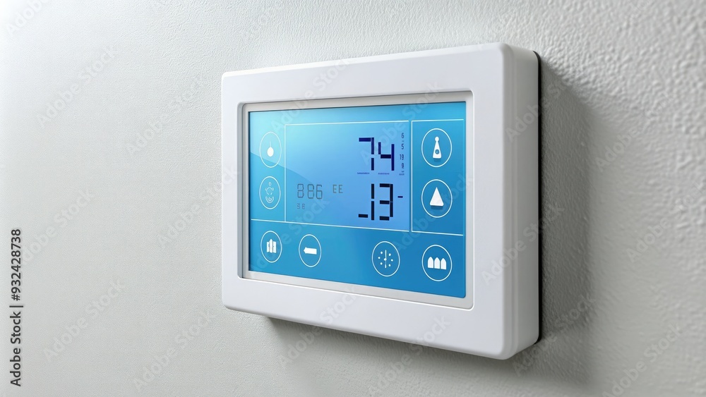 Modern electronic thermostat on a white wall, displaying temperature and humidity levels, with touchscreen interface and sleek design for efficient climate control management. Modern electronic thermostat on a white wall, displaying temperature and humidity levels, with touchscreen interface and sleek design for efficient climate control management.