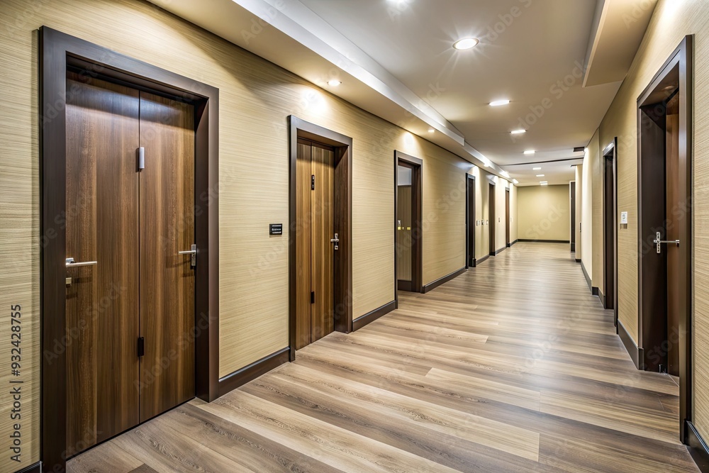 Modern empty apartment corridor with wood doors, cream walls, and dark floors, awaiting renovation, with a lobby entrance and vacant hallway leading to rooms. Modern empty apartment corridor with wood doors, cream walls, and dark floors, awaiting renovation, with a lobby entrance and vacant hallway leading to rooms.