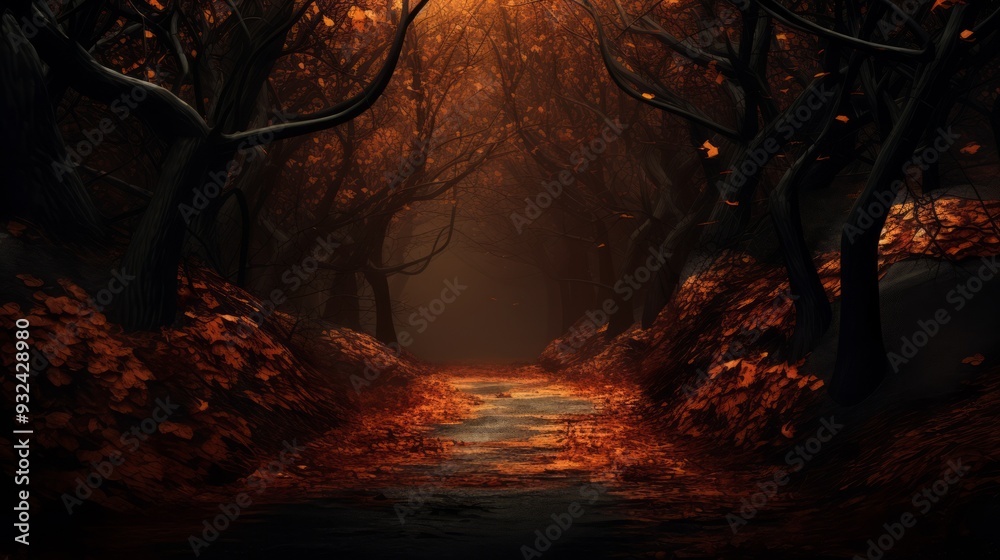 Beautiful autumn landscape with orange trees and road path. Neural network ai generated art Beautiful autumn landscape with orange trees and road path. Neural network ai generated art