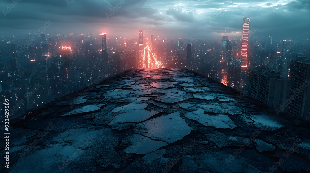 Obraz premium Hail-damaged roof, cracked shingles with highlighted wear and tear, juxtaposed against a futuristic city skyline. Neon lights, cyberpunk style,