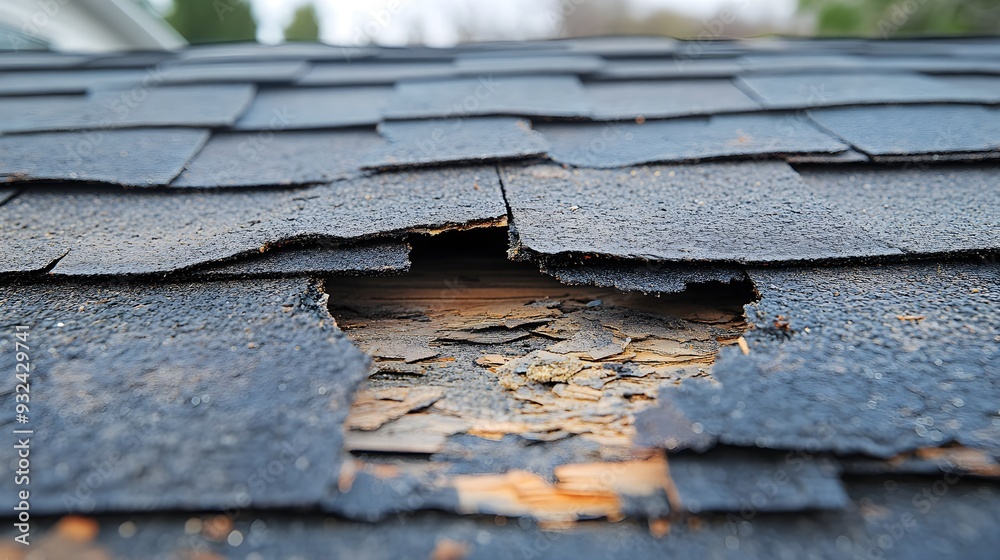 Fototapeta premium Hail-damaged roof, with broken shingles, missing granules, and visible water leaks, indicating the roof's compromised waterproofing