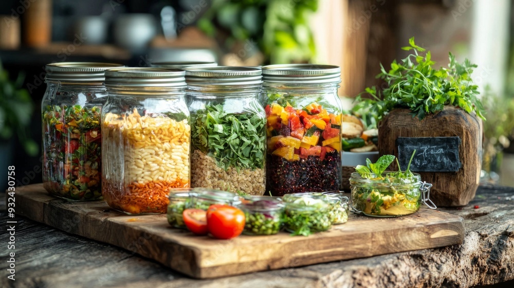 Three glass jars with layering various vegan salads for healthy lunch. The concept of fitness and vegetarian food Three glass jars with layering various vegan salads for healthy lunch. The concept of fitness and vegetarian food