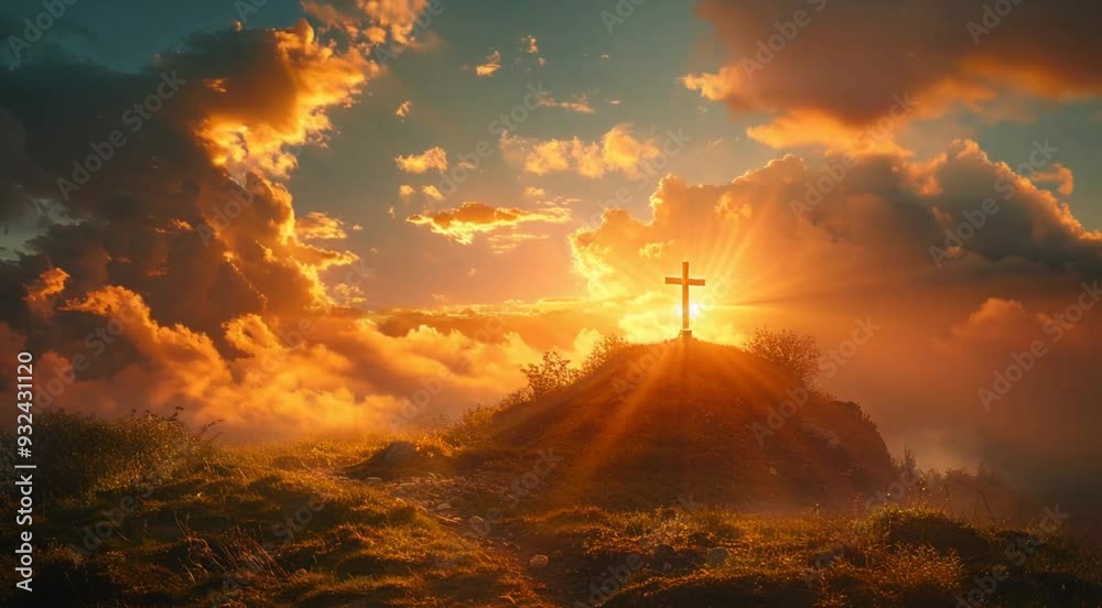 Christian concept: Silhouette cross on mountain sunset
