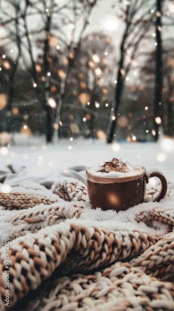 Warm hot chocolate sits on a blanket as snowflakes fall softly in a picturesque winter setting Warm hot chocolate sits on a blanket as snowflakes fall softly in a picturesque winter setting