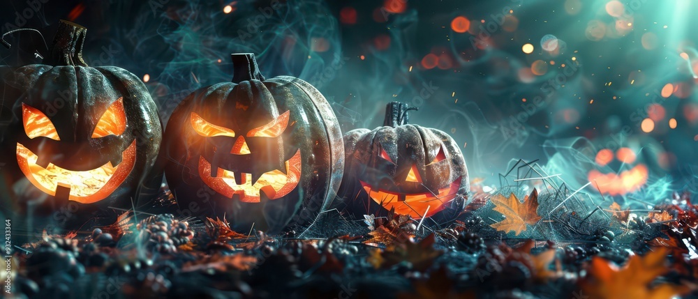 Naklejka premium Spooky carved pumpkins glowing amidst autumn leaves at night