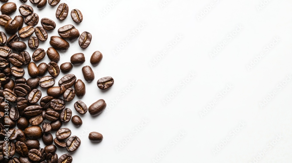 Naklejka premium Black coffee beans scattered on a white background, rich and aromatic, the essence of morning
