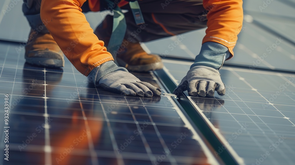 Fototapeta premium A worker installing solar panels on a rooftop for renewable energy.