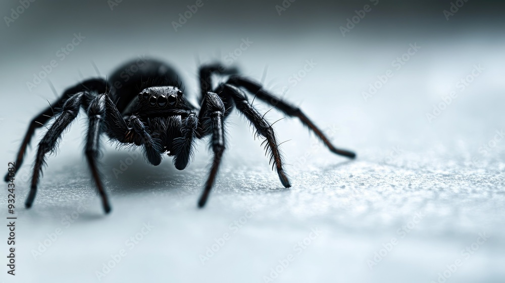 Black spider crawling on a white surface, creepy and captivating, nature's small predator Black spider crawling on a white surface, creepy and captivating, nature's small predator