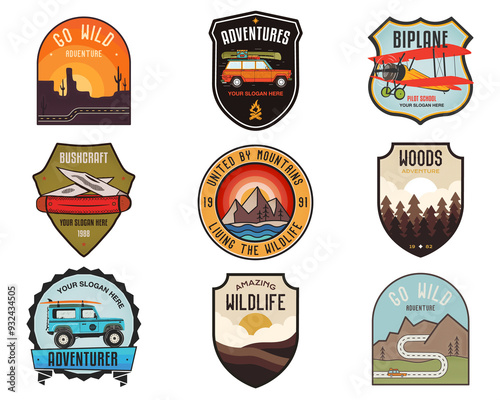 Set of vintage camping badges featuring various wilderness-themed designs including mountains, forests, and outdoor activities. Stock travel labels