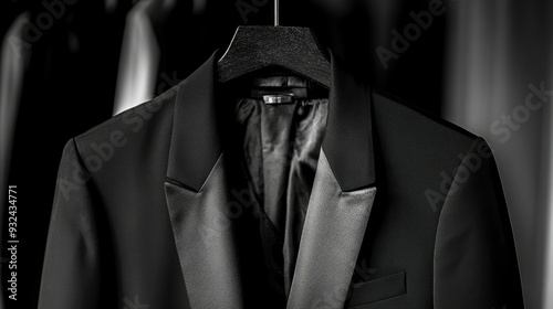 Black tuxedo jacket on a hanger, classic and stylish, the epitome of formal attire photo