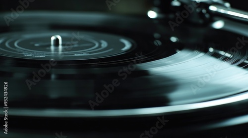 Black vinyl record spinning on a turntable, nostalgic and retro, music in motion