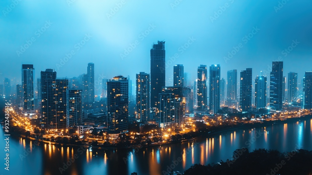 Fototapeta premium Blue city skyline at dusk, urban landscape with glowing lights, serene evening