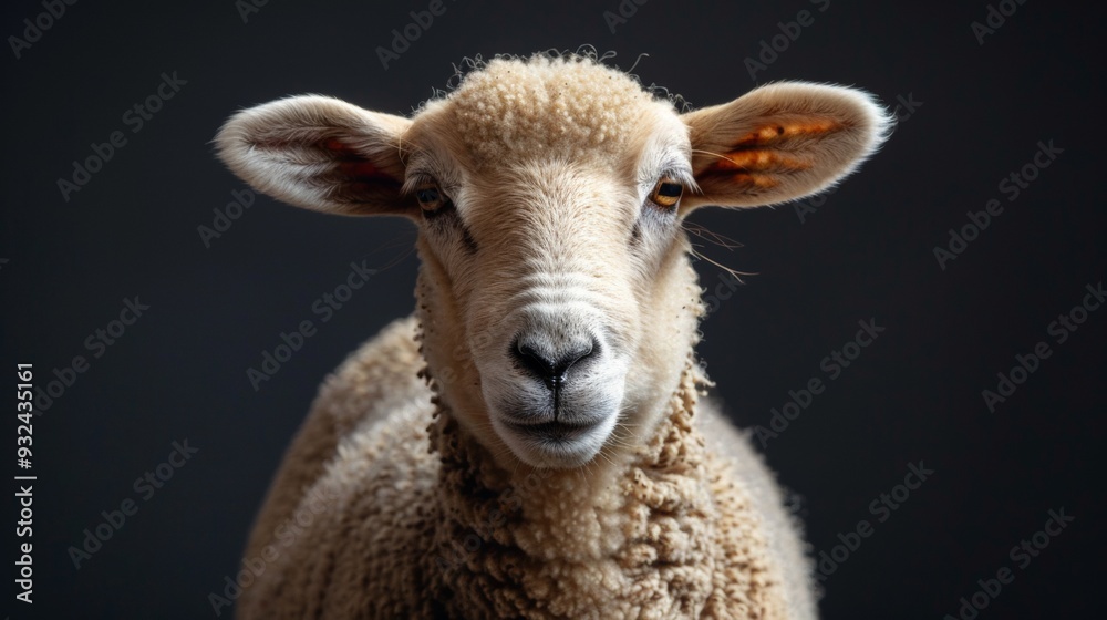 Closeup of mountain Lamb front-view, Eid Al Adha sheep face isolated on black background Closeup of mountain Lamb front-view, Eid Al Adha sheep face isolated on black background