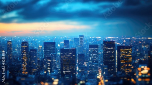 Blue city skyline at dusk, urban landscape with glowing lights, serene evening
