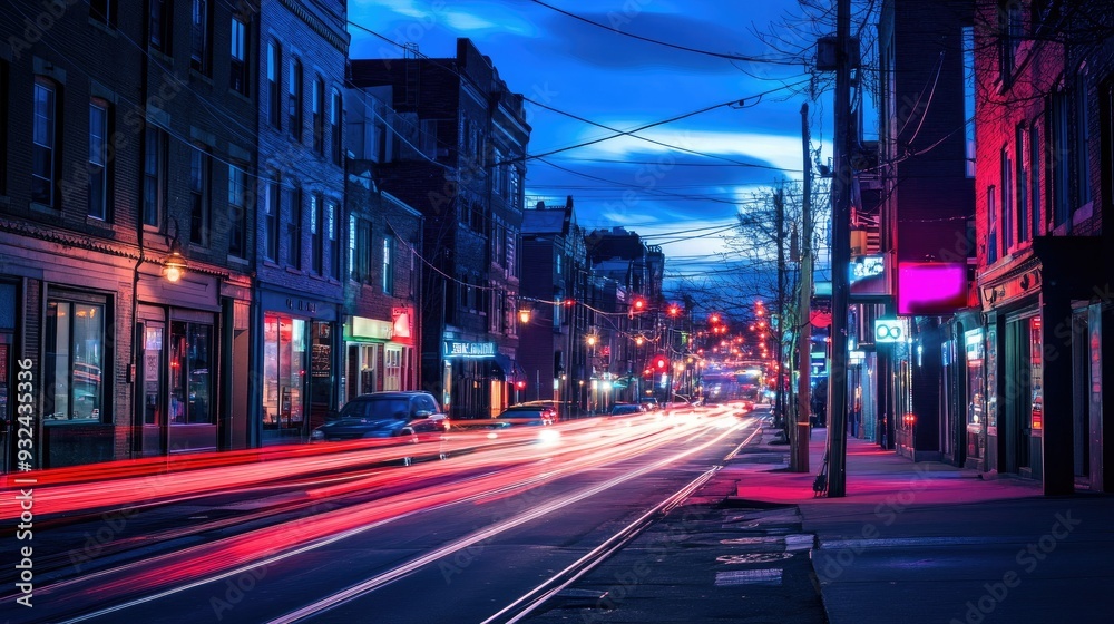 Obraz premium Blue hour in the city with car lights trailing, urban night scene, dynamic and vibrant