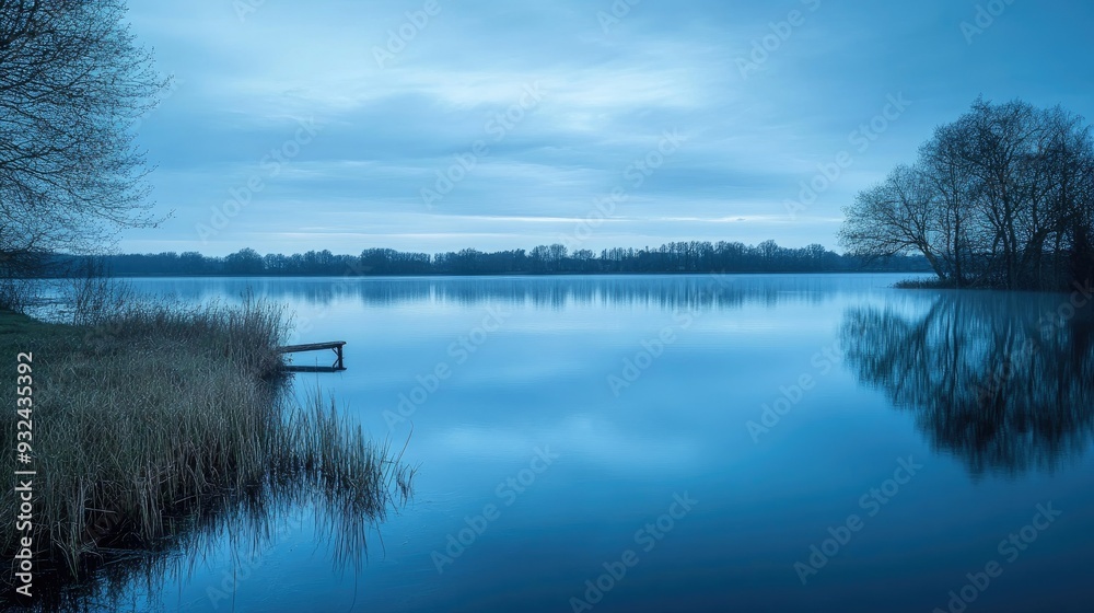 Fototapeta premium Blue hour over a calm lake, tranquil and serene twilight landscape, soft reflections