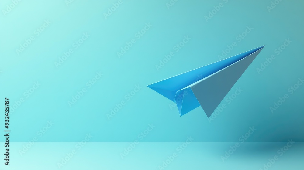 Blue paper airplane flying through the air, creativity and imagination, playful concept -