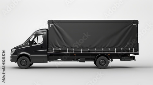 A side view of a black delivery truck with a tarpaulin cover for transporting goods.