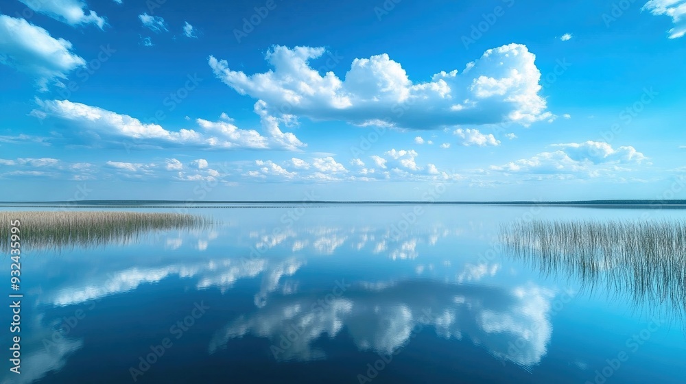 Fototapeta premium Blue sky reflecting on a still lake, mirror-like water surface, peaceful and serene