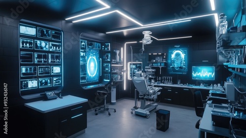 Futuristic medical lab with holographic displays and equipment