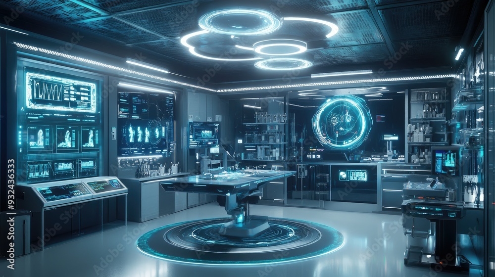 Futuristic medical lab with holographic displays and equipment Futuristic medical lab with holographic displays and equipment