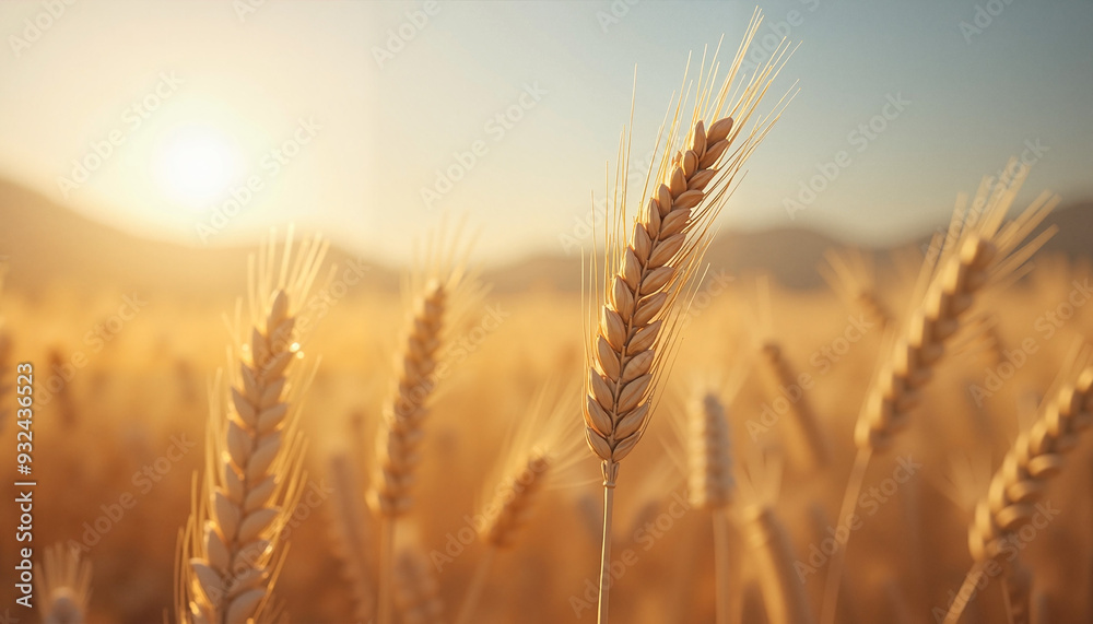Golden wheat ears serene at sunset in vast field with copy space Golden wheat ears serene at sunset in vast field with copy space