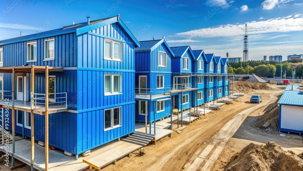 Modern multi-story blue house stands adjacent to a construction site, where rows of temporary houses await, highlighting the contrast between permanent residence and temporary dwelling. Modern multi-story blue house stands adjacent to a construction site, where rows of temporary houses await, highlighting the contrast between permanent residence and temporary dwelling.