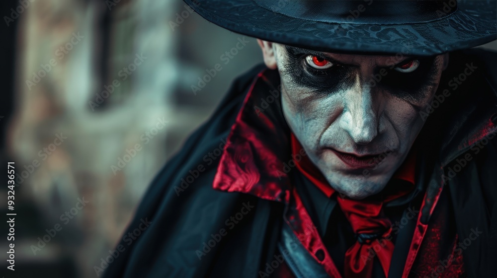 The man, dressed in a classic Dracula costume, gazes menacingly with red eyes, embodying a spooky Halloween atmosphere The man, dressed in a classic Dracula costume, gazes menacingly with red eyes, embodying a spooky Halloween atmosphere