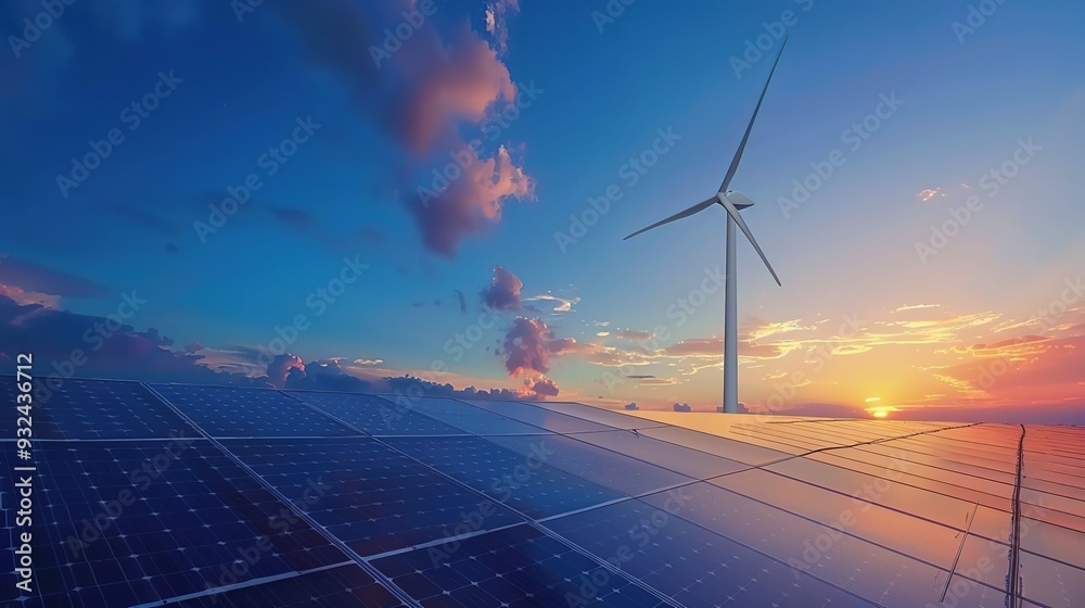 A vibrant sunset scene showcasing solar panels and a wind turbine, emphasizing renewable energy. A vibrant sunset scene showcasing solar panels and a wind turbine, emphasizing renewable energy.