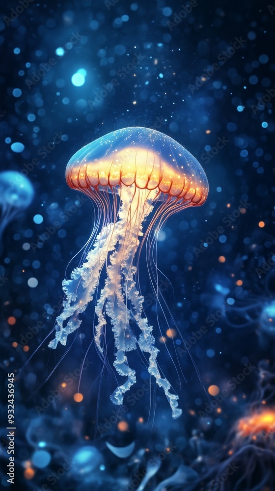 Glowing jellyfish in deep blue ocean Glowing jellyfish in deep blue ocean