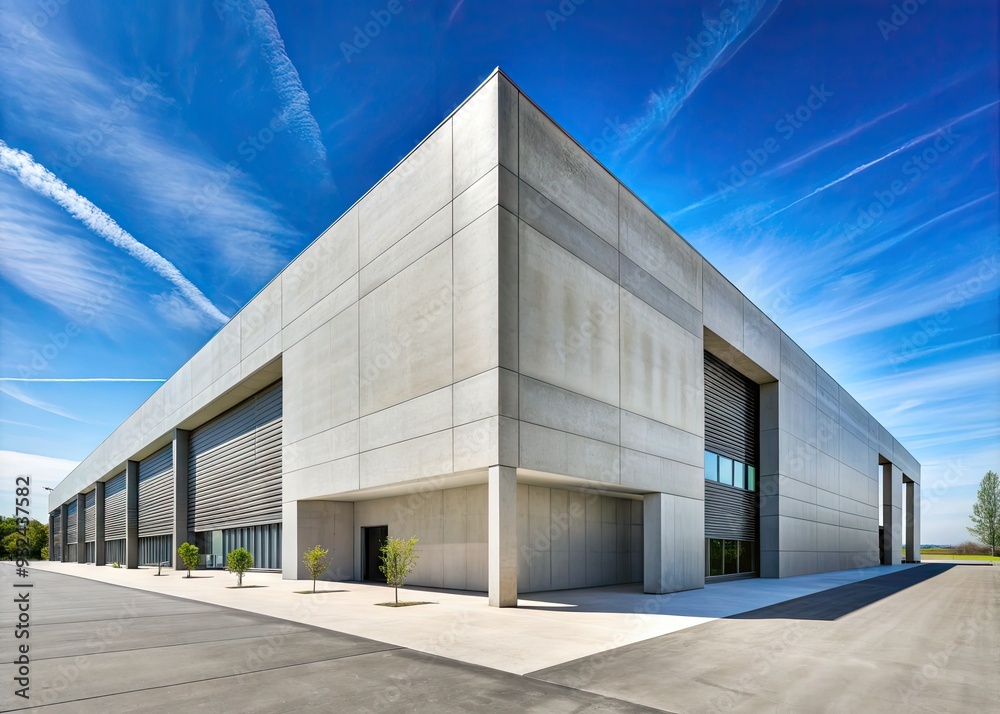 Fototapeta premium Modern precast reinforced concrete building with clean lines and minimalistic design stands empty, awaiting occupancy, surrounded by a desolate urban landscape.