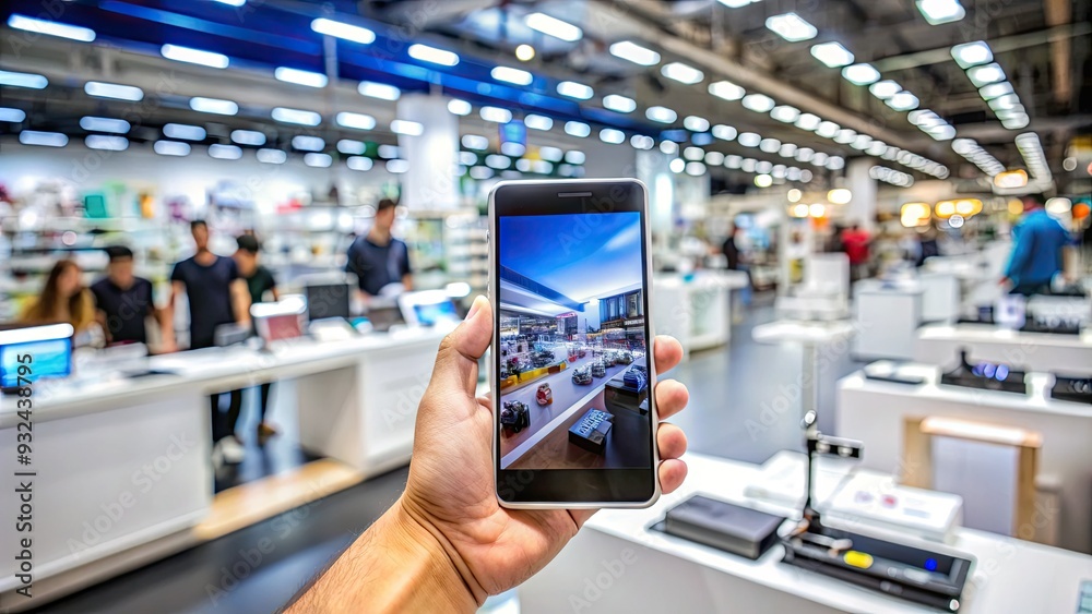 Modern smartphone with sleek design and advanced camera system on display at a bustling electronics store, highlighting cutting-edge mobile technology. Modern smartphone with sleek design and advanced camera system on display at a bustling electronics store, highlighting cutting-edge mobile technology.