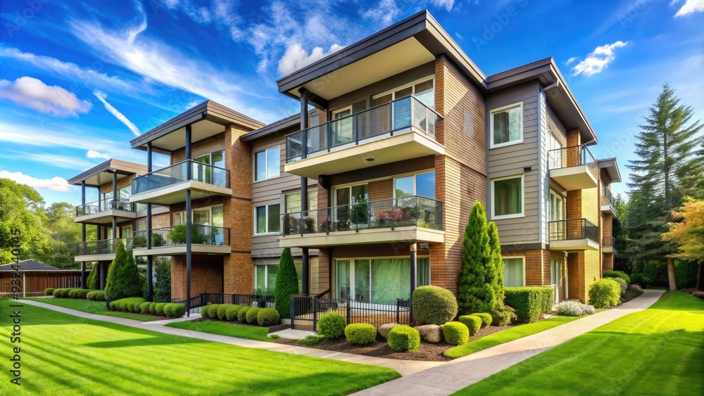 Modern two-story duplex apartment building with balconies, large windows, and a stylish exterior, set amidst a lush green lawn and trees in a serene neighborhood. Modern two-story duplex apartment building with balconies, large windows, and a stylish exterior, set amidst a lush green lawn and trees in a serene neighborhood.