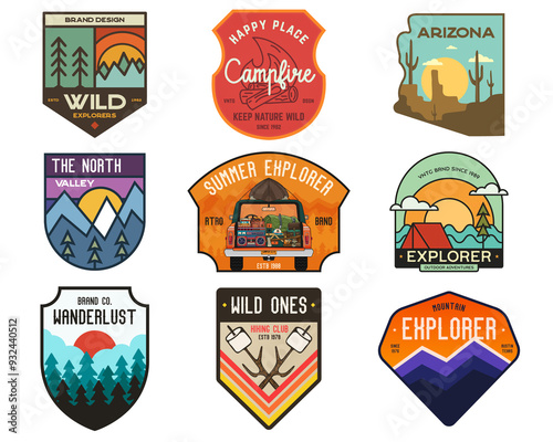 Set of vintage camping badges featuring various wilderness-themed designs including hiking, mountains, forests, and outdoor activities. Stock travel labels