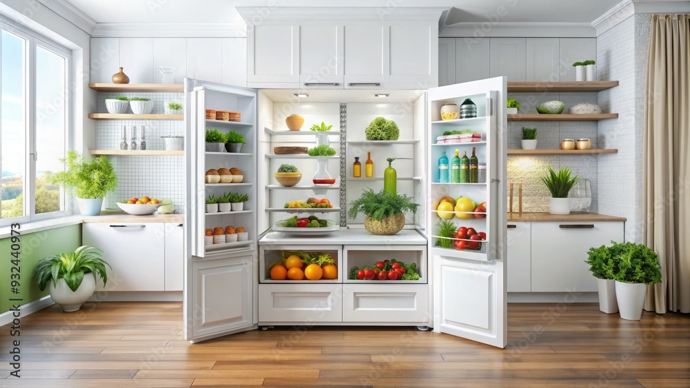 Modern white refrigerator with French doors and bottom freezer, filled with fresh fruits, vegetables, and various food items, in a clean and organized kitchen. Modern white refrigerator with French doors and bottom freezer, filled with fresh fruits, vegetables, and various food items, in a clean and organized kitchen.