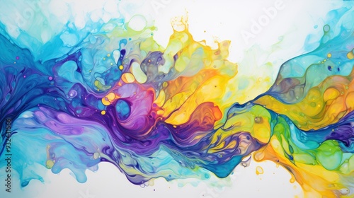 Abstract fluid art with vibrant swirls of yellow, blue, purple, and green creating a dreamy background , ai