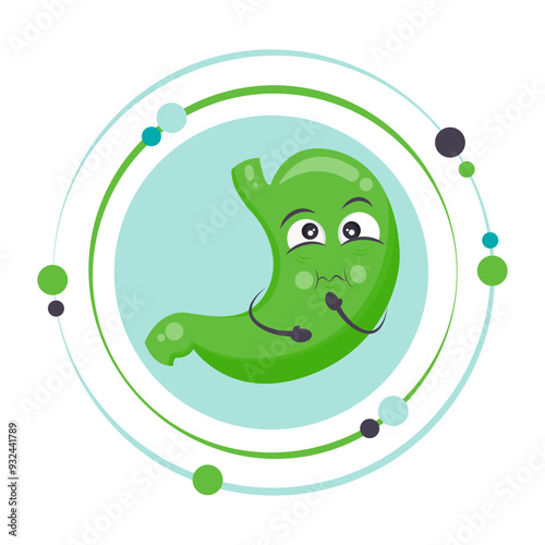 Green human stomach cartoon character icon sick with nausea, bile, and acid reflux syndrome